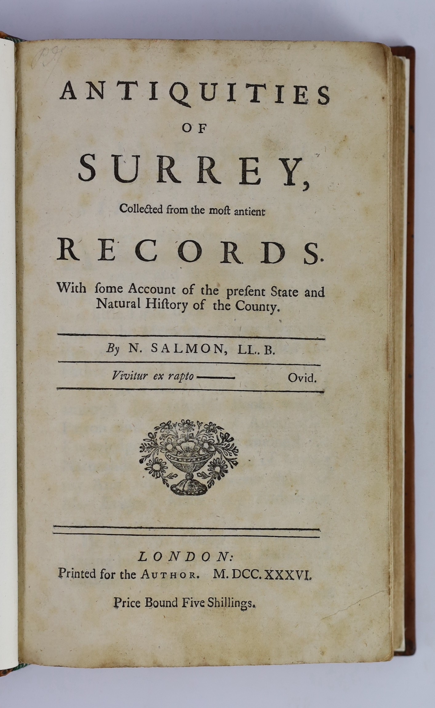 SURREY: Salmon, N - Antiquities of Surrey ... with some account of the present state and natural history ... rebound blind-decorated panelled calf (antique style), panelled spine with green label, 1736